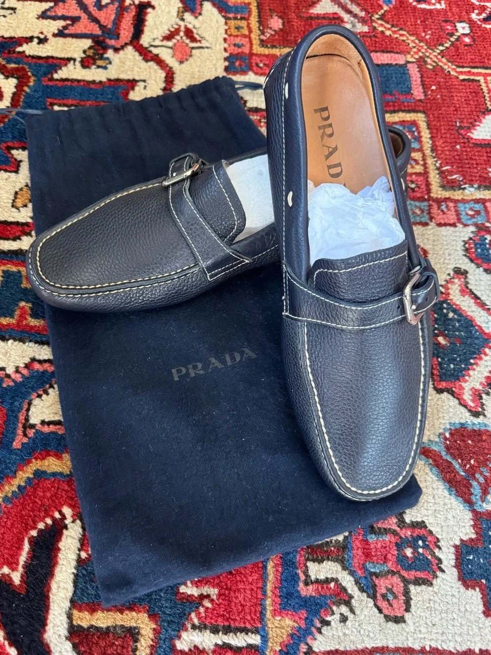 Prada Navy Blue Leather Buckle Loafers